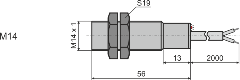 Габаритни размери на индуктивен датчик М14, L=56