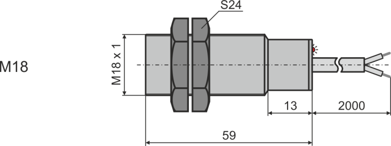 Габаритни размери на индуктивен датчик М18, L=59