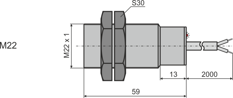 Габаритни размери на индуктивен датчик М22, L=59