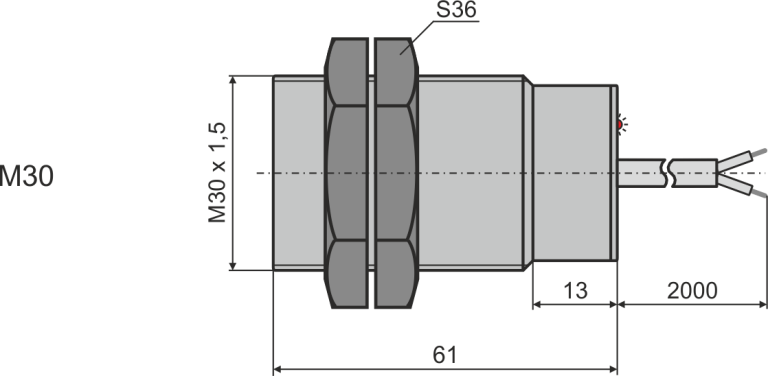Габаритни размери на индуктивен датчик М30, L=61
