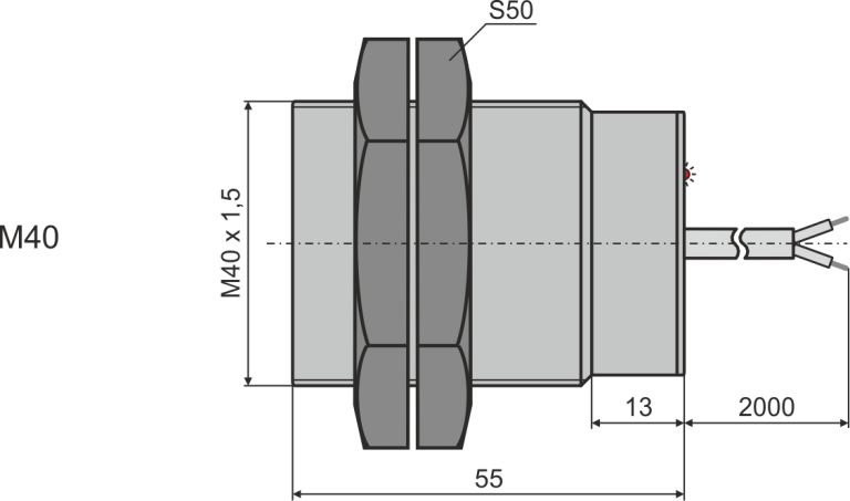 Габаритни размери на индуктивен датчик М40, L=55