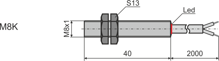 Габаритни размери на индуктивен датчик М8K, L=40