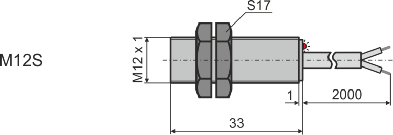 Габаритни размери на индуктивен датчик М12S, L=33 мм