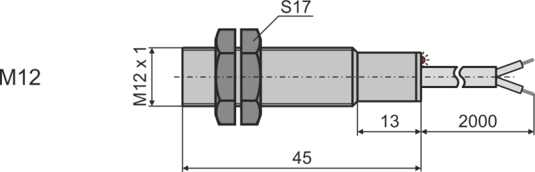 Габаритни размери на индуктивен датчик М12, L=45