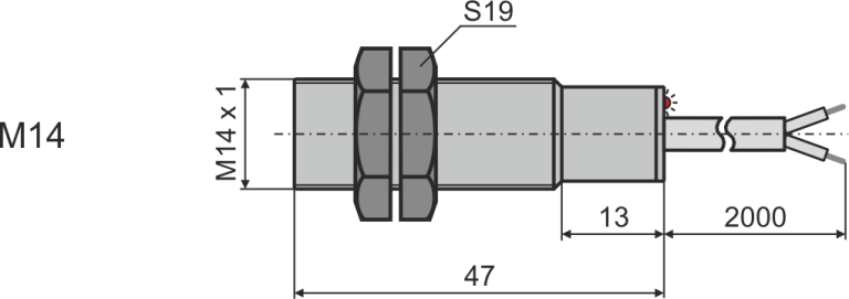 Габаритни размери на индуктивен датчик М14, L=47