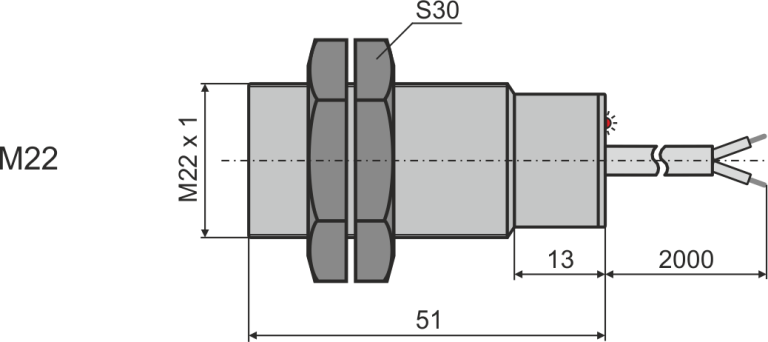 Габаритни размери на индуктивен датчик М22, L=51