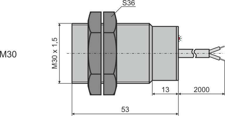 Габаритни размери на индуктивен датчик М30, L=53