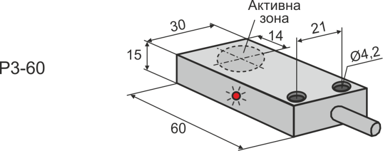 Габаритни размери на индуктивен датчик Р3-60, L=60