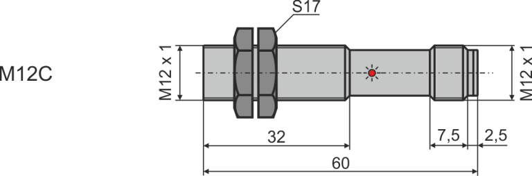 Габаритни размери на индуктивен датчик М12C, L=60