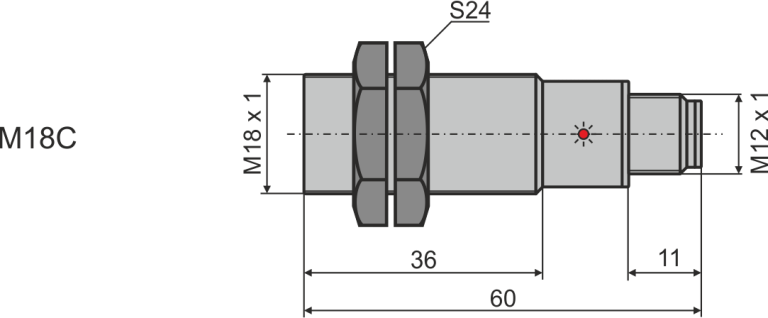 Габаритни размери на индуктивен датчик М18C, L=60