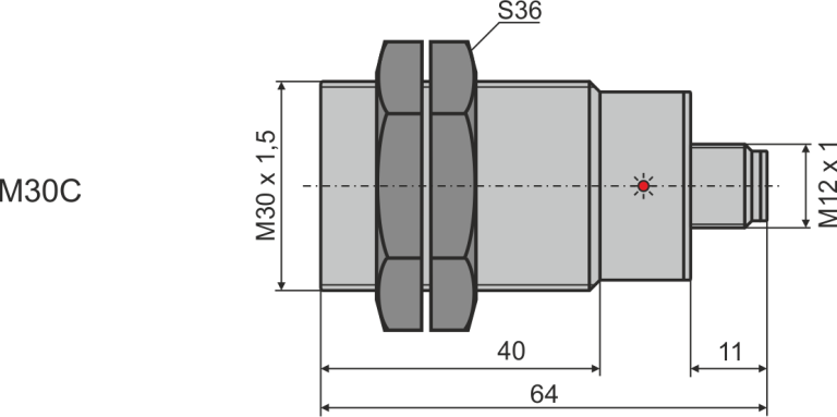 Габаритни размери на индуктивен датчик М30C, L=64