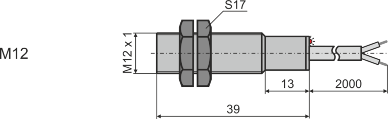 Габаритни размери на индуктивен датчик М12S, L=39