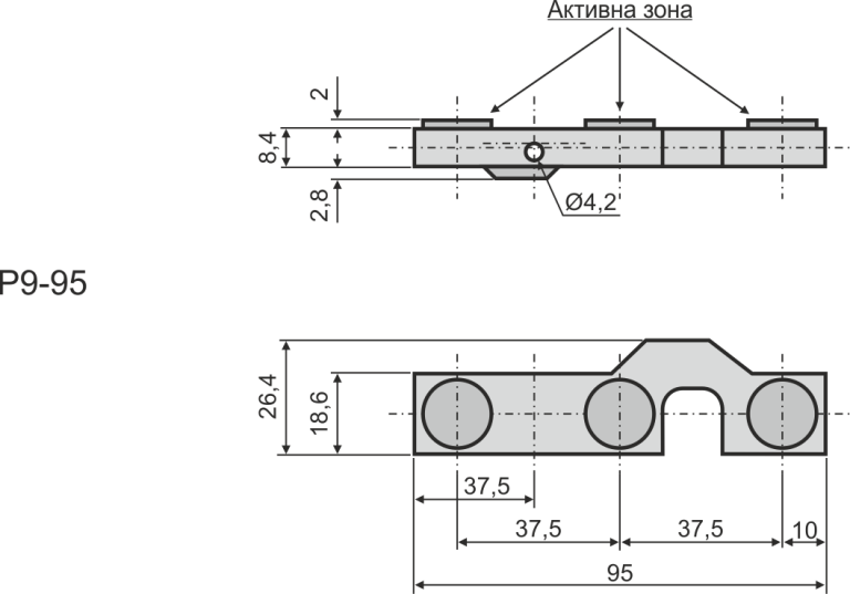 Габаритни размери на индуктивен датчик P9-95
