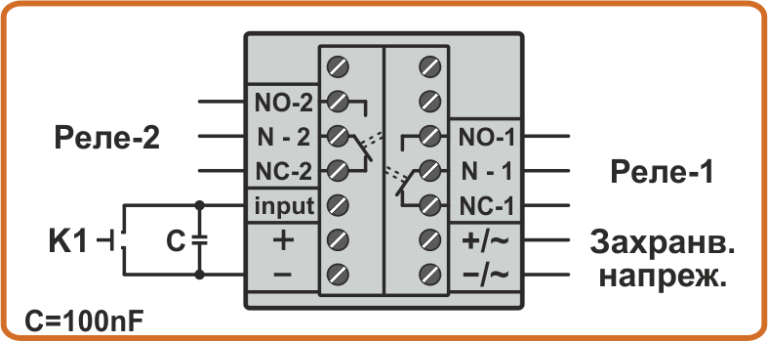 Схема на свързване на ключ K към входа на оборотомер CMD6-2, CMD6-4
