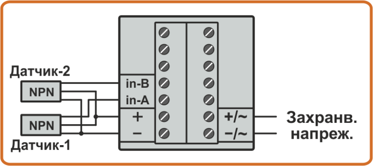 Схема на свързване на 2 NPN датчика към входа на оборотомер CMD6-3R