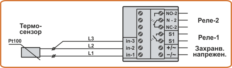 Схема на свързване на термодатчик Pt100 с удължен 3-проводен кабел към термоконтролер TC4-1F и TC4-2F