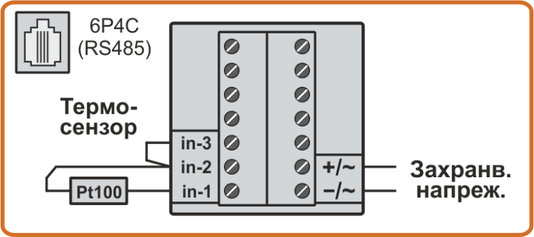 Схема на свързване на 2-проводен термодатчик Pt100 към температурен архиватор TCA4-1I и TCA4-2I