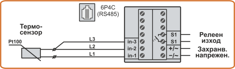 Схема на свързване на термодатчик Pt100 с удължен 3-проводен кабел към термоконтролер-архиватор TCA4-1 и TCA4-2
