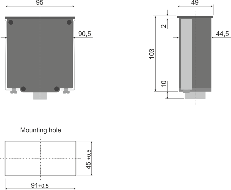 Overall dimensions of the housing 95x49x113 of the controller for panel mounting