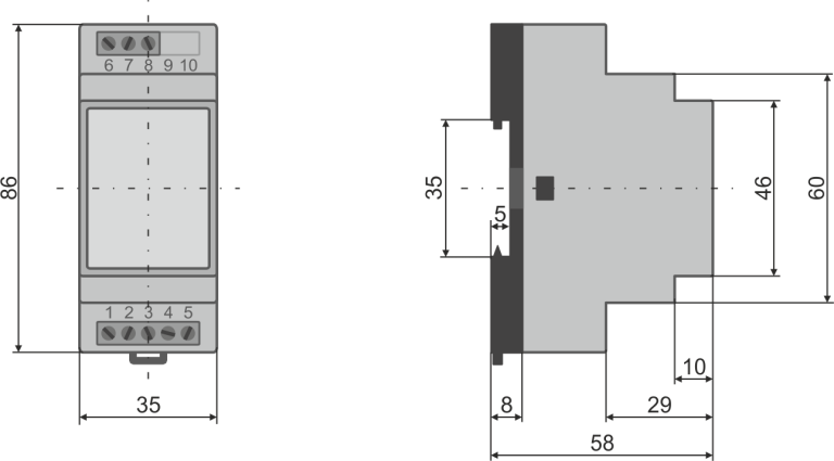 Overall dimensions of the DIN-35 housing of the controller for rail mounting