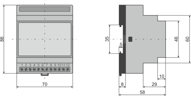 Overall dimensions of the DIN-70 housing of the controller for rail mounting