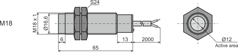 Overall dimensions of M18-AC diffuse optical sensor