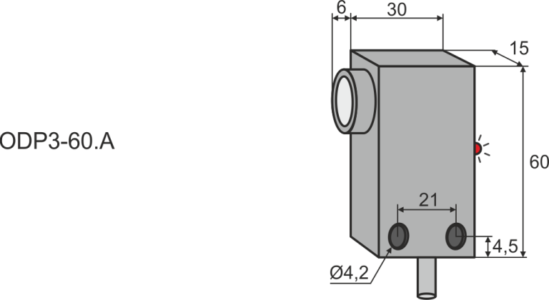 Overall dimensions of ODP3-60,A-AC diffuse optical sensor