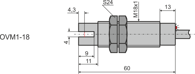 Overall dimensions of the slotted optical sensor M18, L = 60 mm