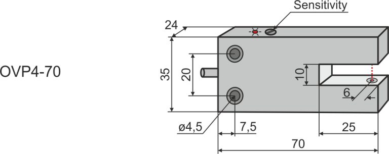 Overall dimensions of the OVP4-70 slotted optical sensor