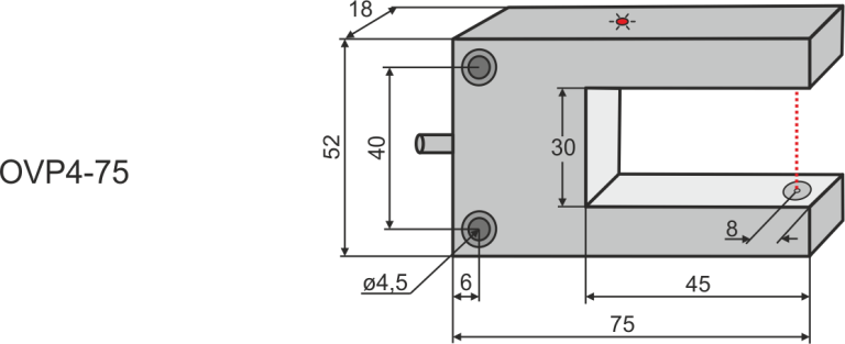 Overall dimensions of the OVP4-75 slotted optical sensor