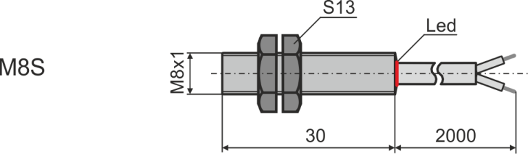 Overall dimensions of inductive sensor M8S, L=30