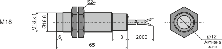 Габаритни размери на бариерен оптичен датчик М18