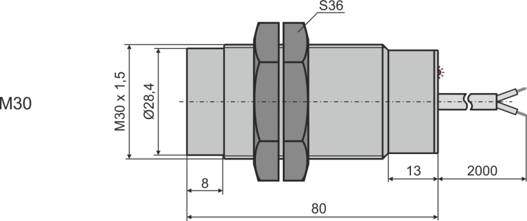Габаритни размери на бариерен оптичен датчик М30