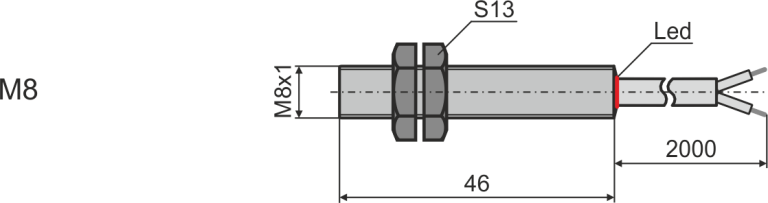 Габаритни размери на дифузен оптичен датчик М8