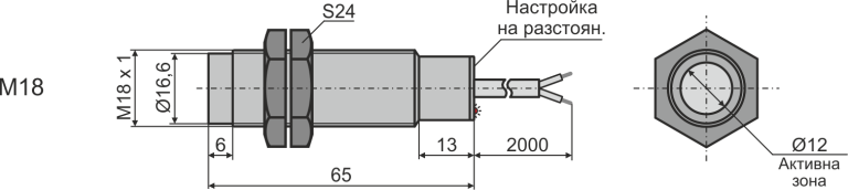 Габаритни размери на дифузен оптичен датчик М18