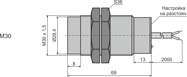 Габаритни размери на дифузен оптичен датчик М30