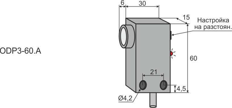 Габаритни размери на дифузен оптичен датчик ODP3-60A