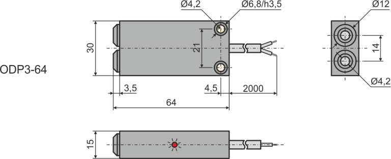 Габаритни размери на дифузен оптичен датчик ODP3-64-ac2
