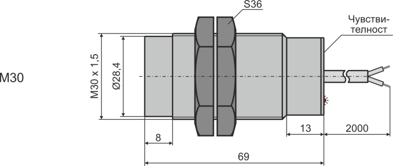 Габаритни размери на оптичен датчик ORP1-30