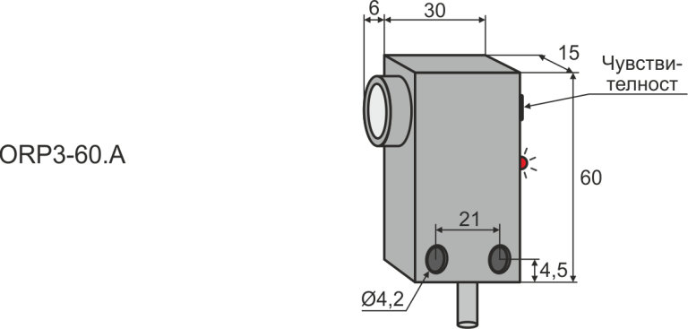 Габаритни размери на оптичен датчик ORP3-60A