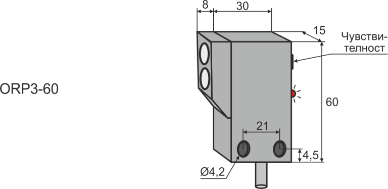 Габаритни размери на оптичен датчик ORP3-60