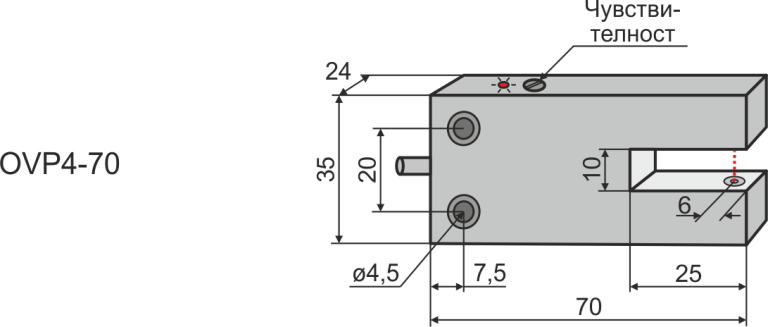 Габаритни размери на шлицов оптичен датчик OVP4-70