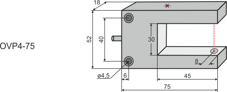 Габаритни размери на шлицов оптичен датчик OVP4-75
