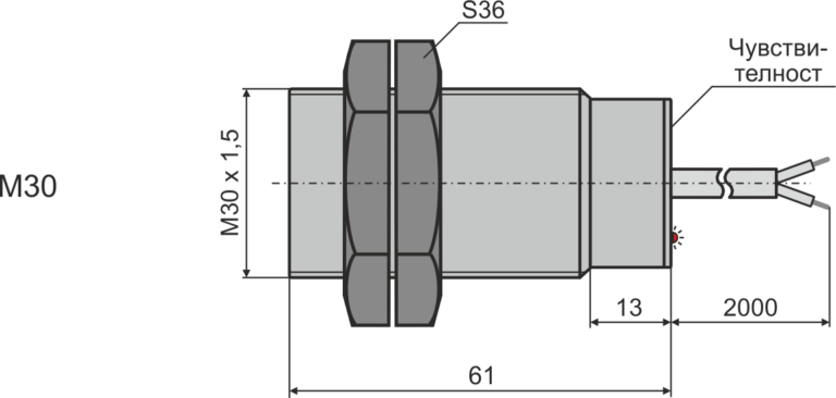 Габаритни размери на капацитивен датчик М30