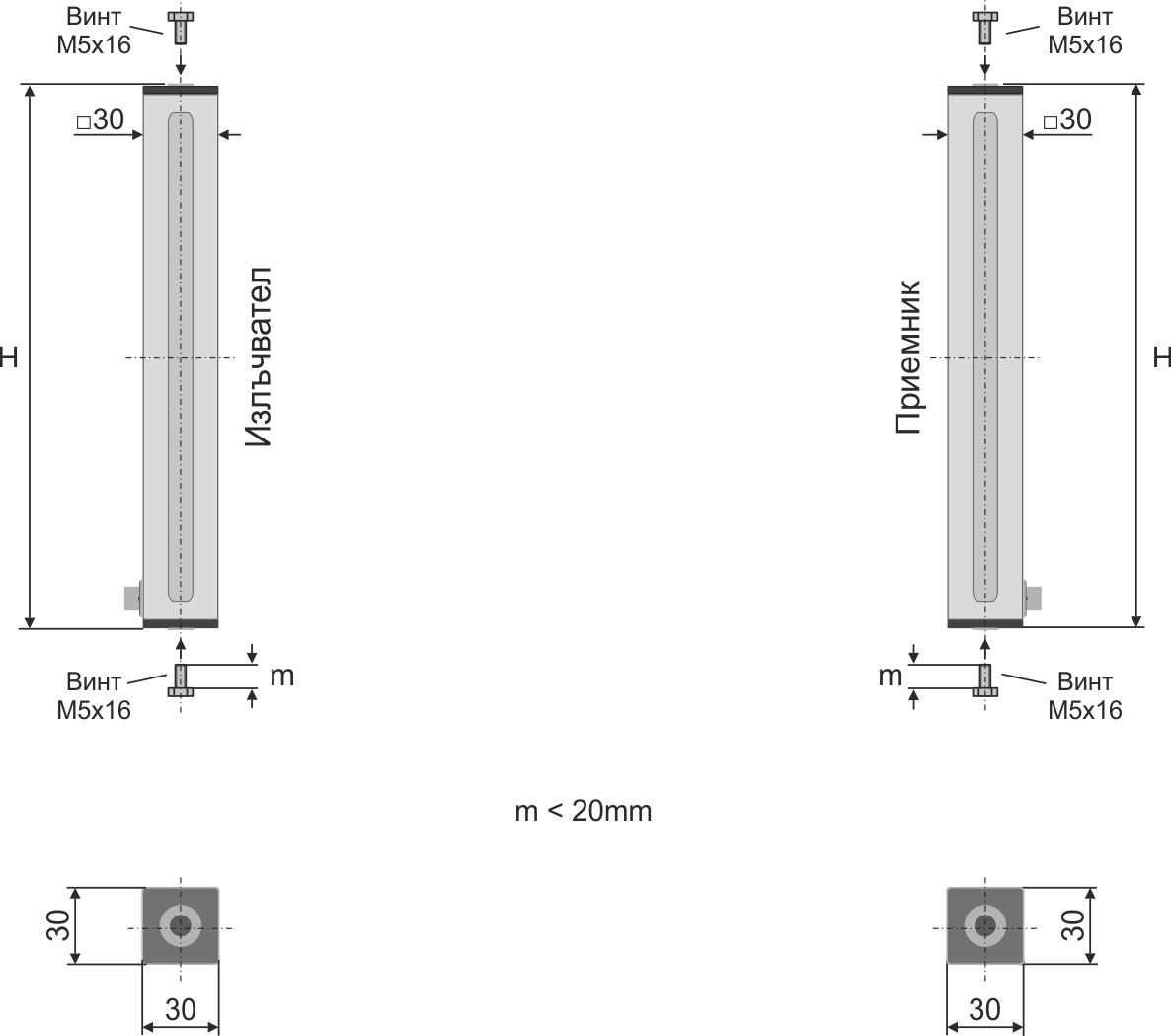 Габаритни размери на оптична бариера SLC3
