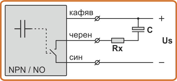Електрическа схема на свързване на капацитивен датчик тип NPN/NO със защита от късо