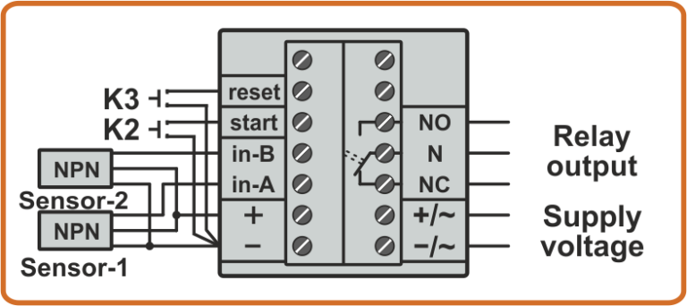 Scheme of connection of two NPN sensors to CD6-5R and LMD6-2R counter