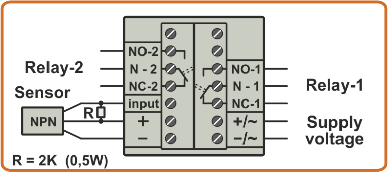 Diagram of connection of NPN sensor to the input of FMD6-2 frequency meter