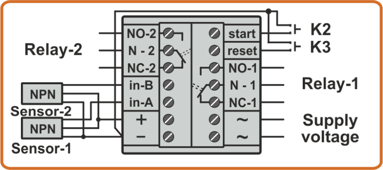 Scheme of connection of two NPN sensors to the LMD6-6R counter