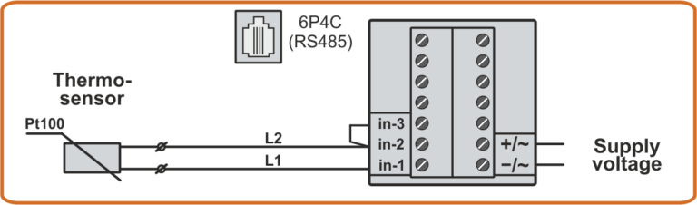 Wiring diagram of 2-wire Pt100 temperature sensor with extended cable to TCA4-1I and TCA4-2I temperature archiver